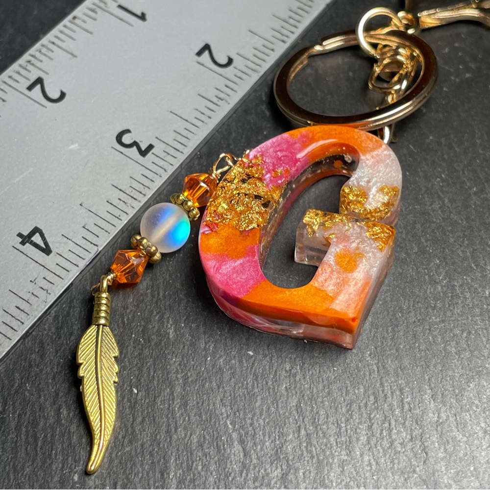Custom Orange And Pink Initial Letter “G” Keychain with Gold Accents - Picture 6 of 6